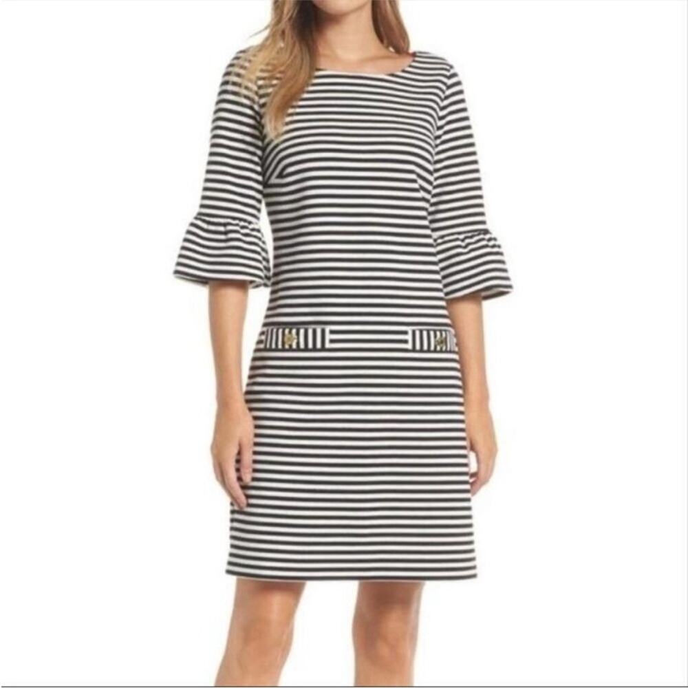 Lilly Pulitzer | Alden Bell Sleeve Mini Shift Dress Striped Black White XS